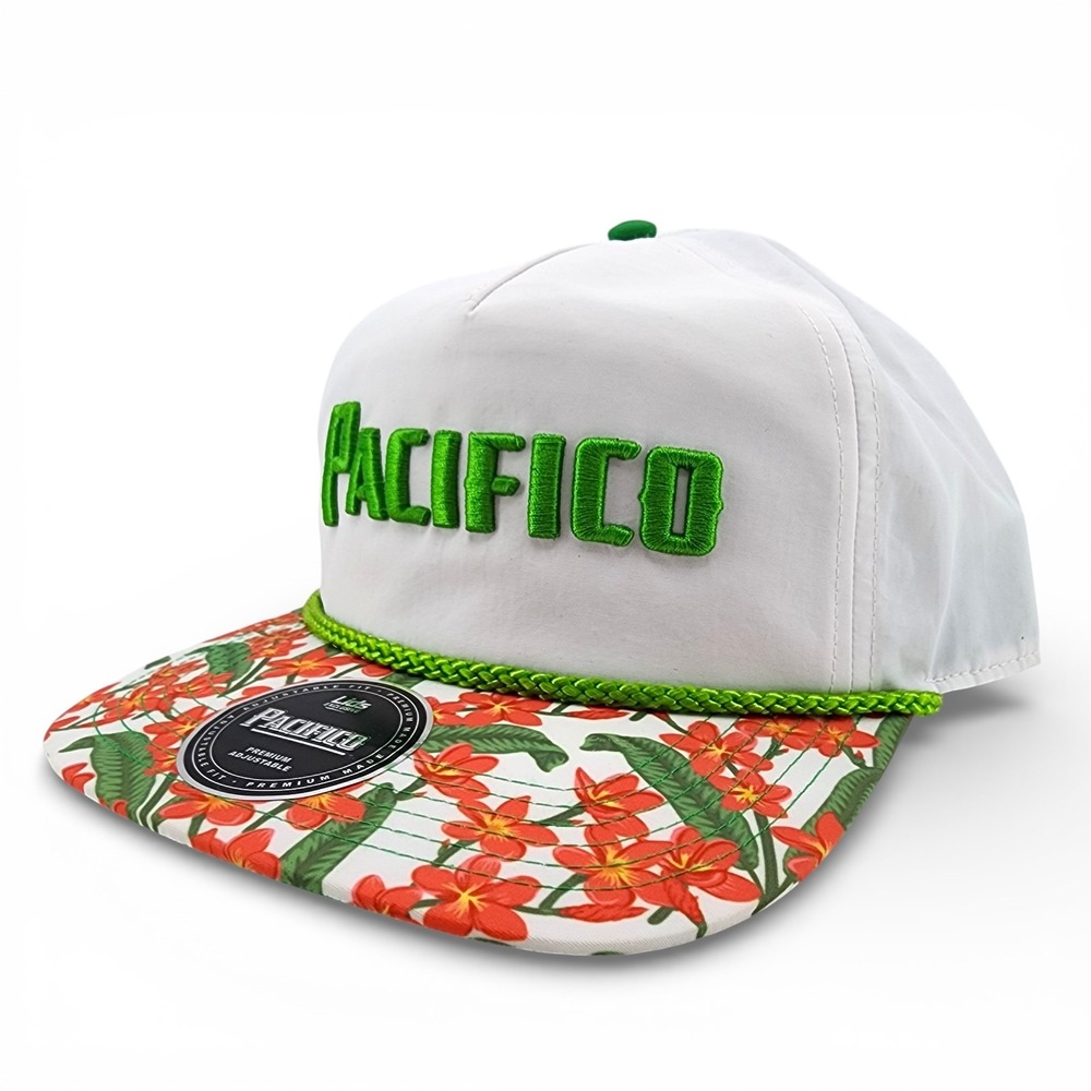Pacifico Beer Rope Floral‎ Golfer Hat White Green Snapback Adjustable Cap NEW